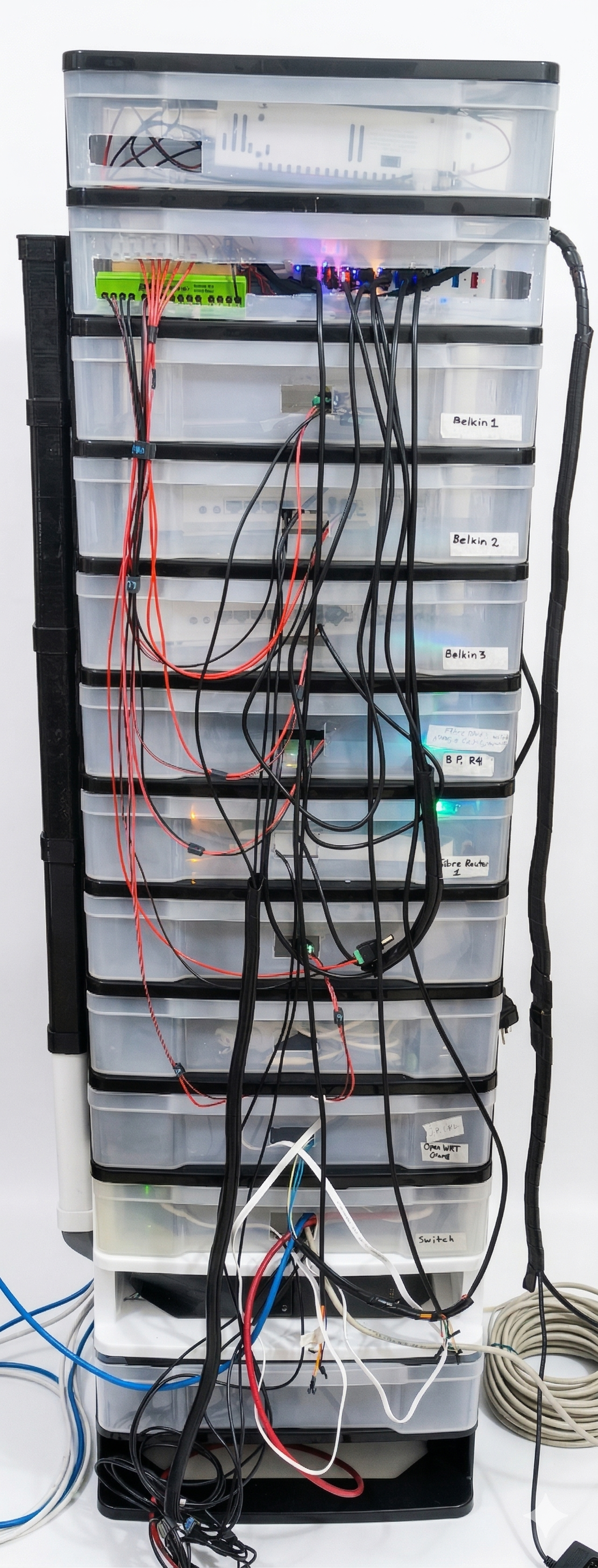 Tower rack with plastic drawers and cabling