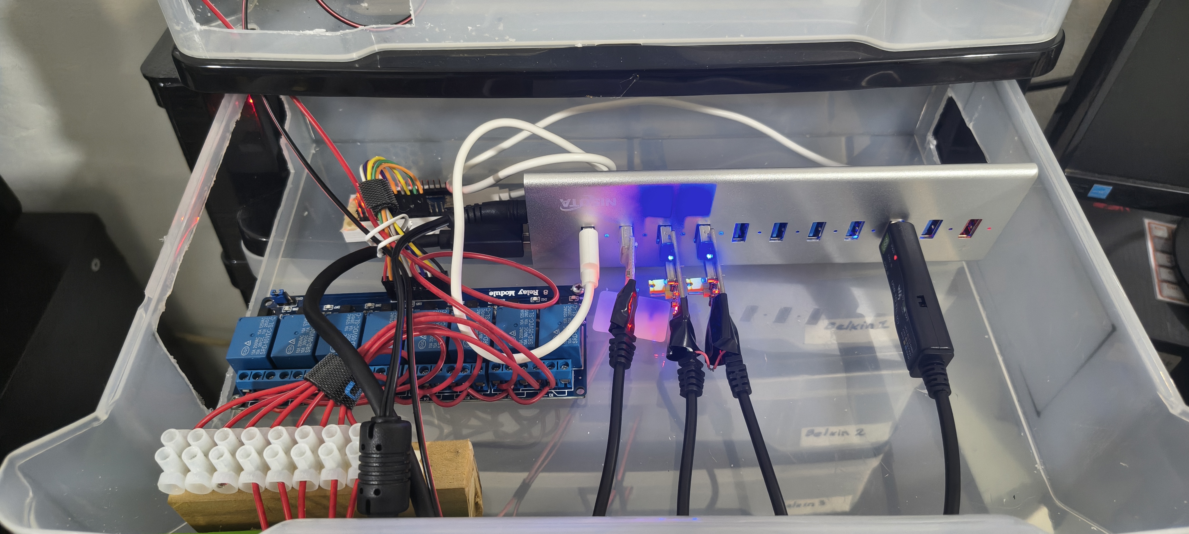 Rack drawer with USB hub and relays