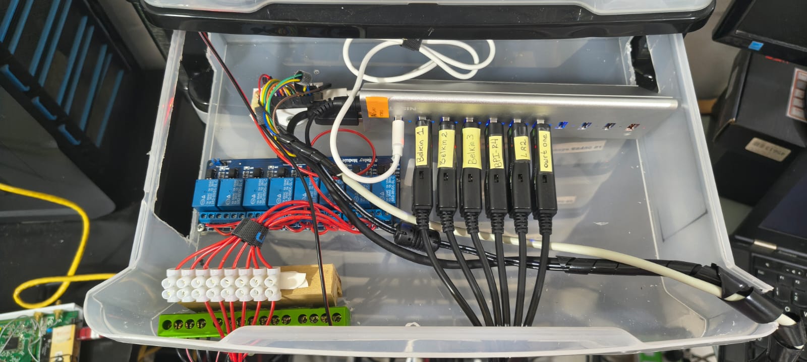 Rack drawer with Arduino relays adapters and terminal blocks
