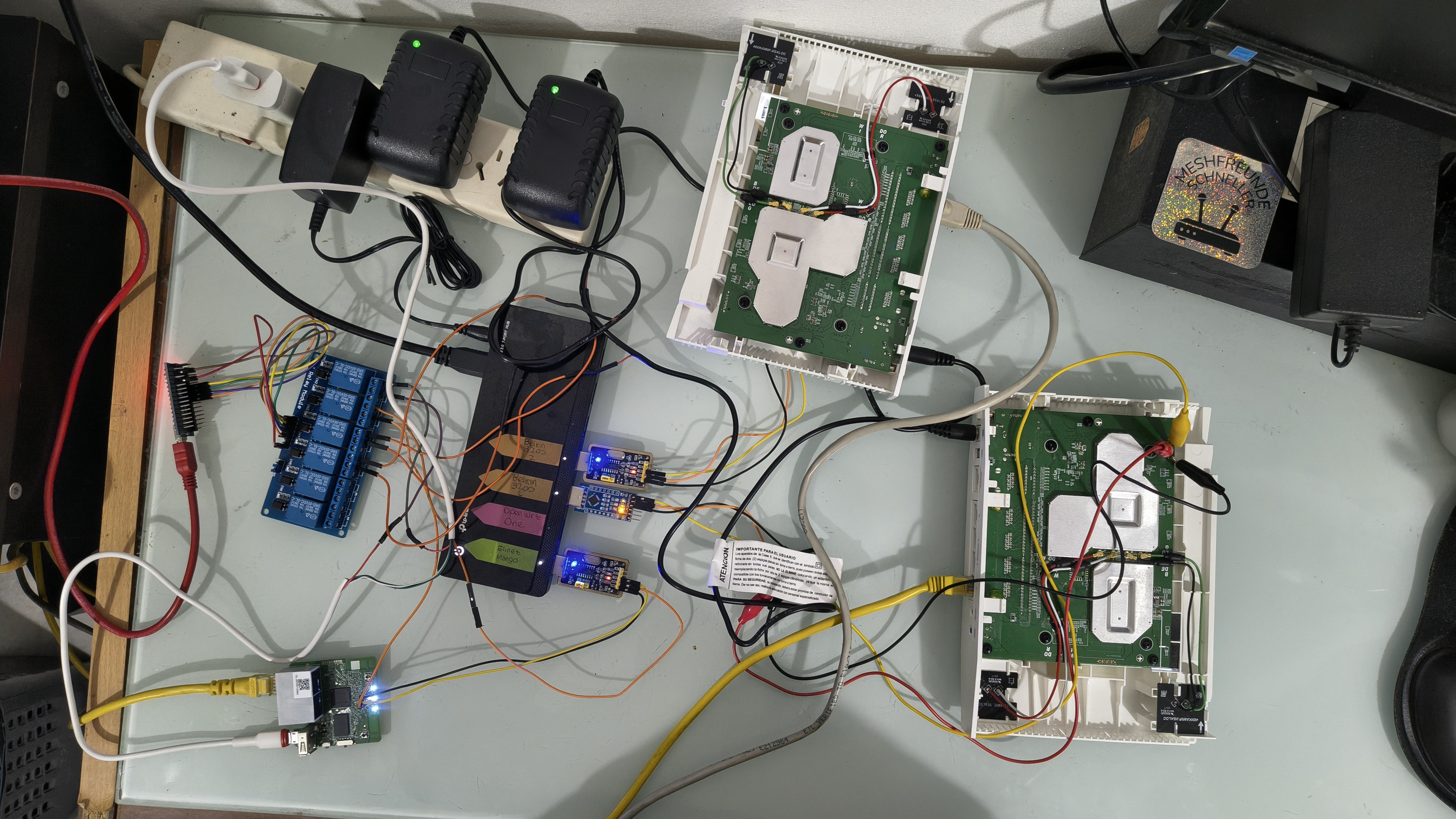 Bench test setup with routers and relays